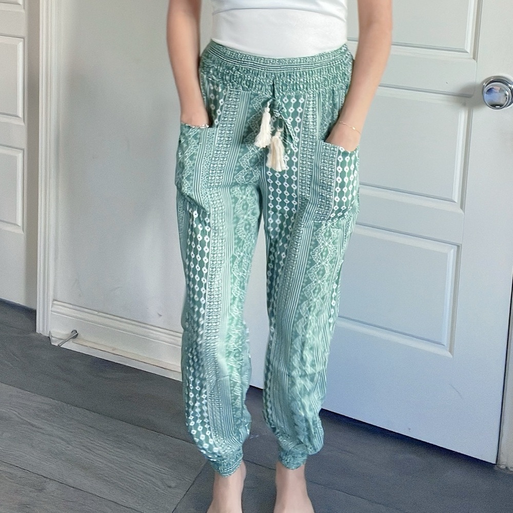 011 Boho Green Geo Print Stretch Waist Joggers - Picture 11 of 12